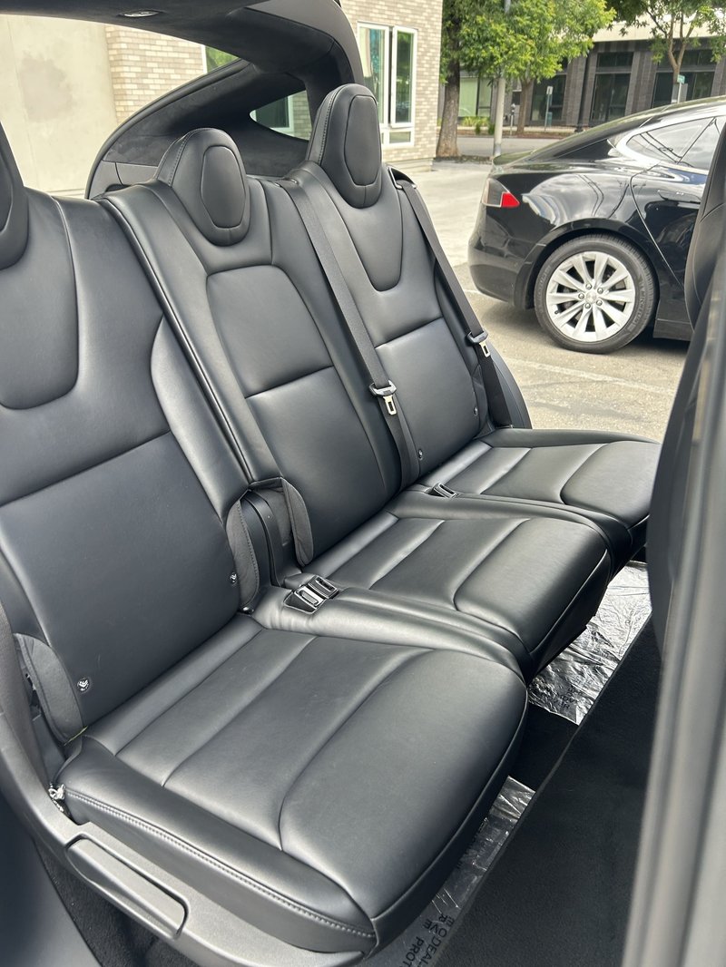 Interior deep clean on black leather Tesla seats, mobile detailing Elk Grove CA