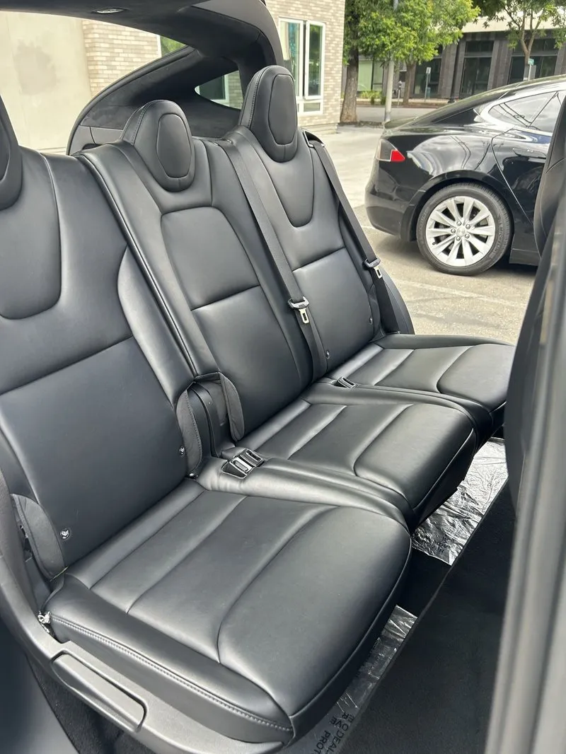 Interior deep clean on black leather Tesla seats, mobile detailing Elk Grove CA